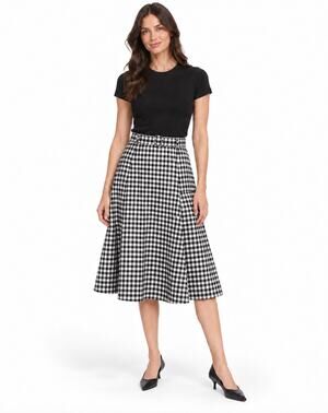 Reformation Black & White Gingham Print Belted A-Line Midi Skirt